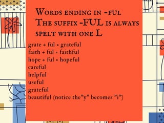 the
I D G E J U N I O R H I G H
Words ending in -ful
The suffix –FUL is always
spelt with one L
grate + ful = grateful
faith + ful = faithful
hope + ful = hopeful
careful
helpful
useful
grateful
beautiful (notice the"y" becomes "i")
 