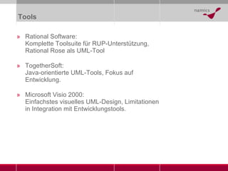 Tools Rational Software: Komplette Toolsuite für RUP-Unterstützung, Rational Rose als UML-Tool TogetherSoft: Java-orientierte UML-Tools, Fokus auf Entwicklung. Microsoft Visio 2000: Einfachstes visuelles UML-Design, Limitationen in Integration mit Entwicklungstools. 