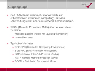 Ausgangslage Seit IT-Systeme nicht mehr monolithisch sind (Client/Server, distributed computing), müssen „Anwendungsteile“ über ein Netzwerk kommunizieren. RPCs ( Remote Procedure Call s) übernehmen diese Funktion. message passing ( häufig mit „ queuing “ kombiniert ) request/response Typischer Vertreter DCE RPC  (Distributed Computing Environment) SUN RPC (NFS = Network File System) IIOP  = Internet Inter-Orb Protocol (Corba) RMI = Remote Method Invocation (Java) DCOM = Distributed Component Model 