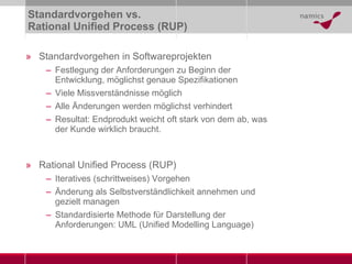 Standardvorgehen vs.  Rational Unified Process (RUP) Standardvorgehen in Softwareprojekten Festlegung der Anforderungen zu Beginn der Entwicklung, möglichst genaue Spezifikationen Viele Missverständnisse möglich Alle Änderungen werden möglichst verhindert Resultat: Endprodukt weicht oft stark von dem ab, was der Kunde wirklich braucht. Rational Unified Process (RUP) Iteratives (schrittweises) Vorgehen Änderung als Selbstverständlichkeit annehmen und gezielt managen  Standardisierte Methode für Darstellung der Anforderungen: UML (Unified Modelling Language) 