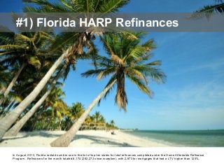 #1) Florida HARP Refinances

In August, 2013, Florida ranked number one in the list of top ten states for total refinances completed under the Home Affordable Refinance
Program. Refinances for the month totaled 8,174 (262,273 since inception), with 2,873 for mortgages that had a LTV higher than 125%.

 