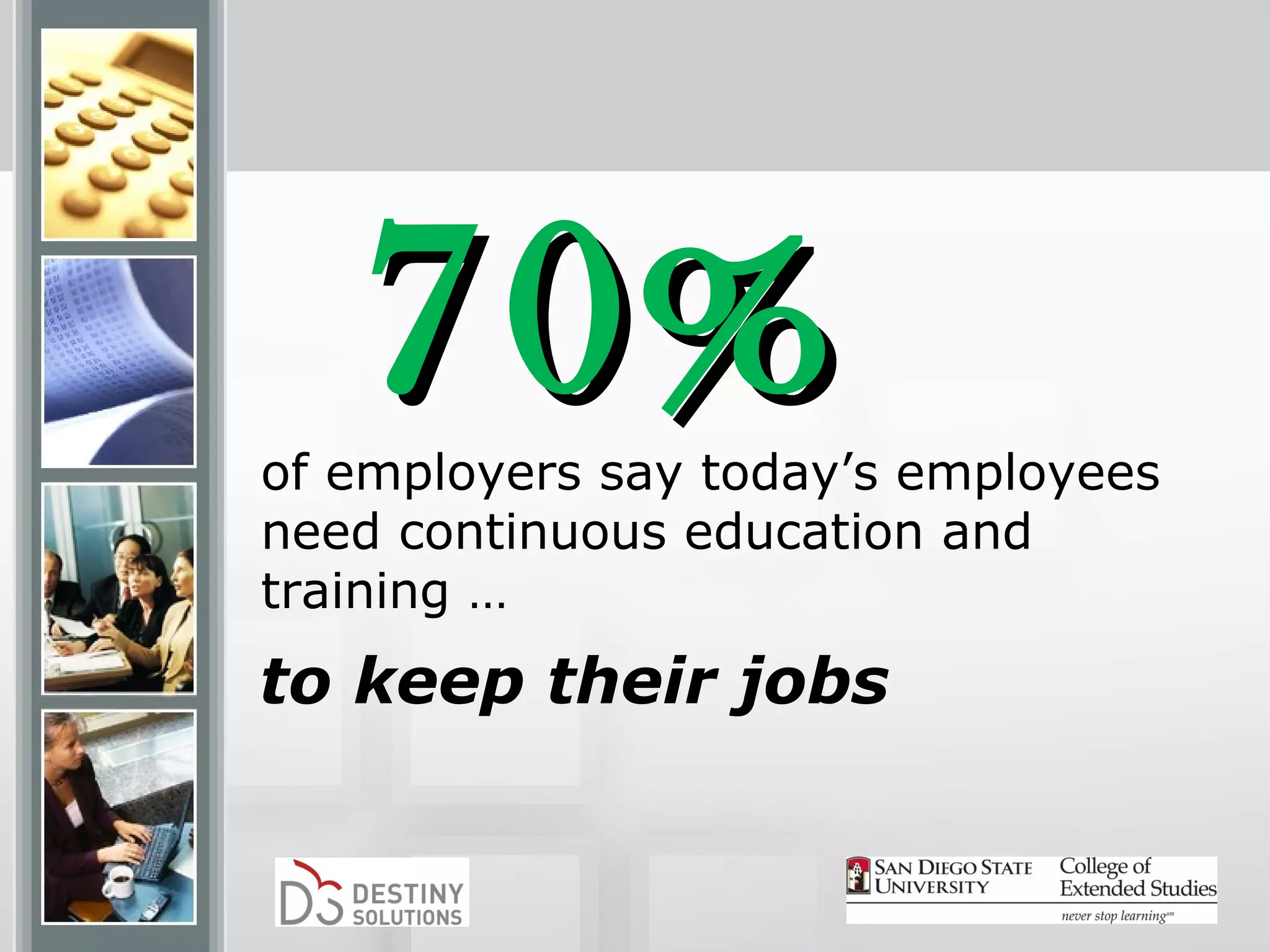 70%
of employers say today’s employees
need continuous education and
training …
to keep their jobs
 