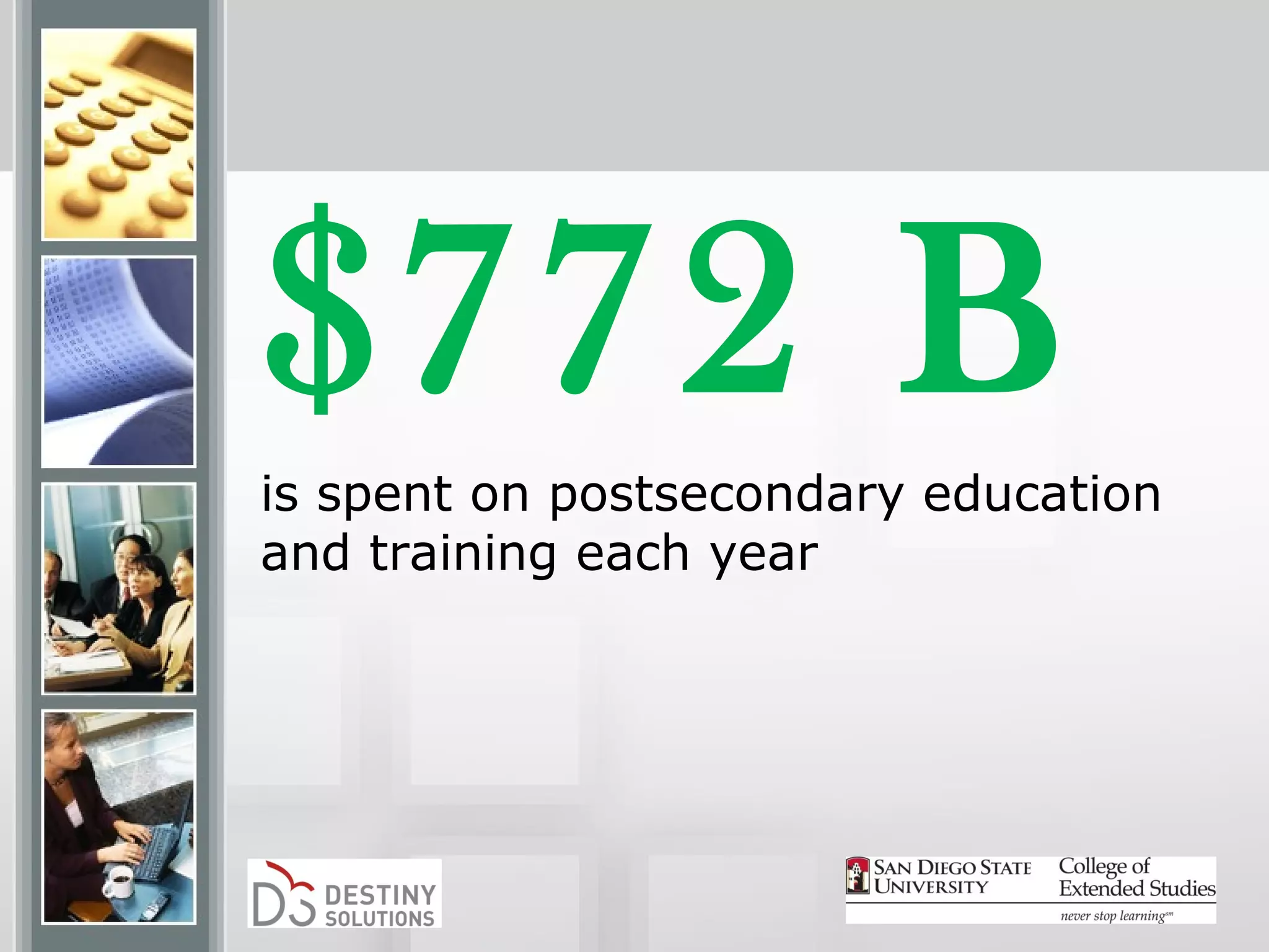 $772 B
is spent on postsecondary education
and training each year
 