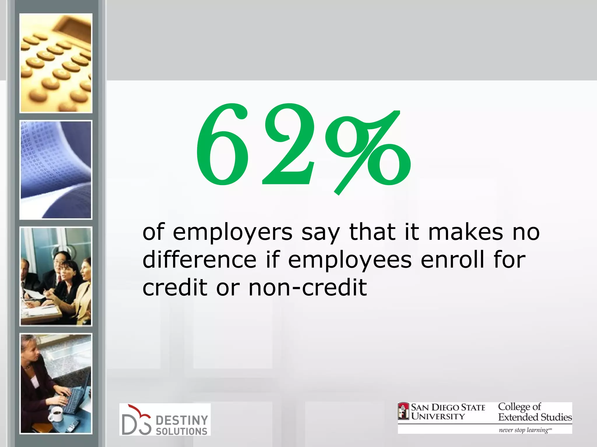 62%
of employers say that it makes no
difference if employees enroll for
credit or non-credit
 