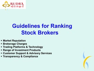 Guidelines for Ranking
Stock Brokers
Market Reputation
Brokerage Charges
Trading Platforms & Technology
Range of Investment Products
Customer Support & Advisory Services
Transparency & Compliance
 