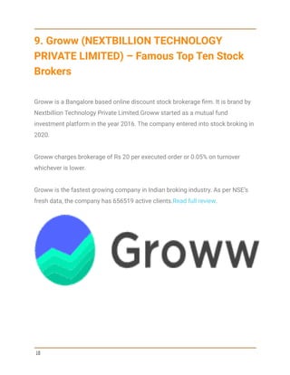 9. Groww (NEXTBILLION TECHNOLOGY
PRIVATE LIMITED) – Famous Top Ten Stock
Brokers
Groww is a Bangalore based online discount stock brokerage firm. It is brand by
Nextbillion Technology Private Limited.Groww started as a mutual fund
investment platform in the year 2016. The company entered into stock broking in
2020.
Groww charges brokerage of Rs 20 per executed order or 0.05% on turnover
whichever is lower.
Groww is the fastest growing company in Indian broking industry. As per NSE’s
fresh data, the company has 656519 active clients.Read full review.
10
 