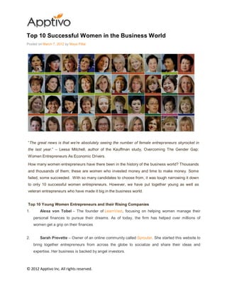 Top 10 Successful Women in the Business World
Posted on March 7, 2012 by Maya Pillai




―The great news is that we’re absolutely seeing the number of female entrepreneurs skyrocket in
the last year.‖ – Leesa Mitchell, author of the Kauffman study, Overcoming The Gender Gap:
Women Entrepreneurs As Economic Drivers.

How many women entrepreneurs have there been in the history of the business world? Thousands
and thousands of them; these are women who invested money and time to make money. Some
failed, some succeeded. With so many candidates to choose from, it was tough narrowing it down
to only 10 successful women entrepreneurs. However, we have put together young as well as
veteran entrepreneurs who have made it big in the business world.


Top 10 Young Women Entrepreneurs and their Rising Companies
1.      Alexa von Tobel – The founder of LearnVest, focusing on helping women manage their
     personal finances to pursue their dreams. As of today, the firm has helped over millions of
     women get a grip on their finances


2.      Sarah Prevette – Owner of an online community called Sprouter. She started this website to
     bring together entrepreneurs from across the globe to socialize and share their ideas and
     expertise. Her business is backed by angel investors.



© 2012 Apptivo Inc. All rights reserved.
 