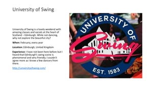 University of Swing
University of Swing is a lovely weekend with
amazing classes and socials at the heart of
Scotland – Ed...