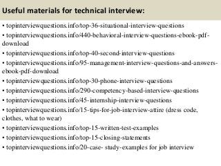 Useful materials for technical interview:
• topinterviewquestions.info/top-36-situational-interview-questions
• topinterviewquestions.info/440-behavioral-interview-questions-ebook-pdf-
download
• topinterviewquestions.info/top-40-second-interview-questions
• topinterviewquestions.info/95-management-interview-questions-and-answers-
ebook-pdf-download
• topinterviewquestions.info/top-30-phone-interview-questions
• topinterviewquestions.info/290-competency-based-interview-questions
• topinterviewquestions.info/45-internship-interview-questions
• topinterviewquestions.info/15-tips-for-job-interview-attire (dress code,
clothes, what to wear)
• topinterviewquestions.info/top-15-written-test-examples
• topinterviewquestions.info/top-15-closing-statements
• topinterviewquestions.info/20-case- study-examples for job interview
 