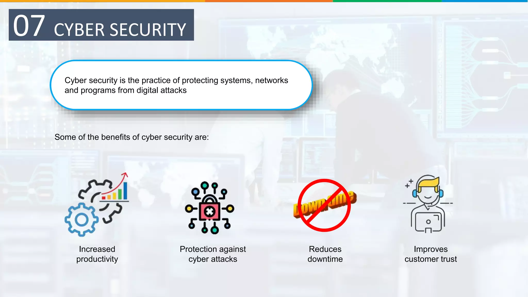 Cyber security is the practice of protecting systems, networks
and programs from digital attacks
07 CYBER SECURITY
Protection against
cyber attacks
Reduces
downtime
Improves
customer trust
Increased
productivity
Some of the benefits of cyber security are:
 
