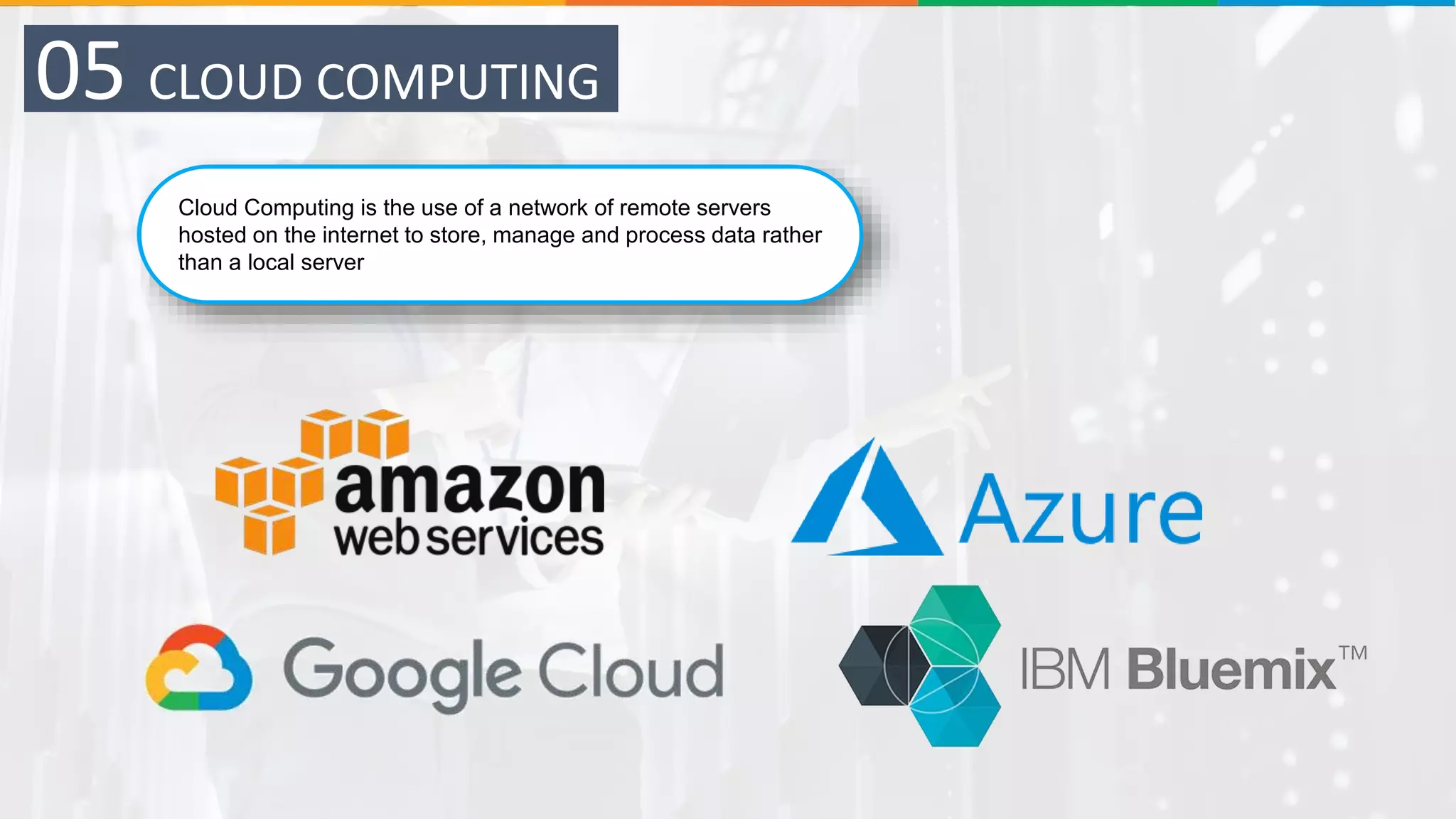 Cloud Computing is the use of a network of remote servers
hosted on the internet to store, manage and process data rather
than a local server
05 CLOUD COMPUTING
 