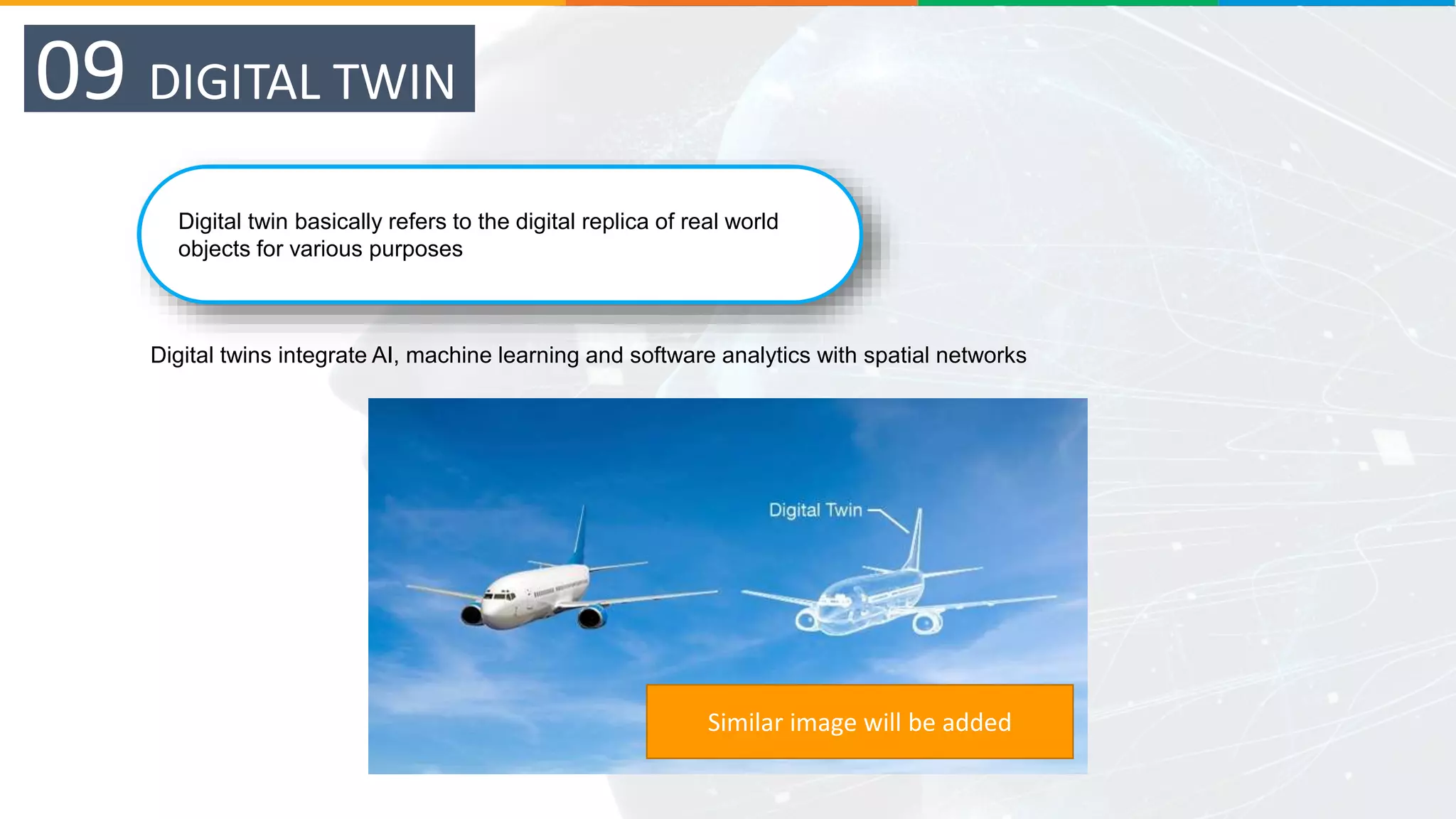 Digital twin basically refers to the digital replica of real world
objects for various purposes
09 DIGITAL TWIN
Digital twins integrate AI, machine learning and software analytics with spatial networks
Similar image will be added
 