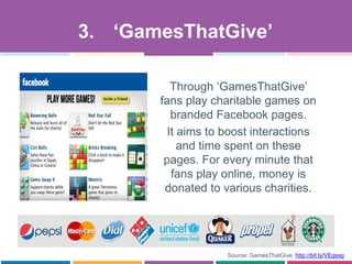 Source: GamesThatGive http://bit.ly/VEgssg
Through „GamesThatGive‟
fans play charitable games on
branded Facebook pages.
It aims to boost interactions
and time spent on these
pages. For every minute that
fans play online, money is
donated to various charities.
3. „GamesThatGive‟
 