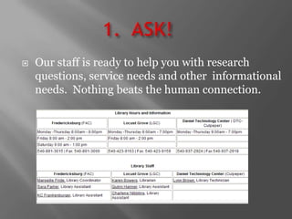 1.  ASK! Our staff is ready to help you with research questions, service needs and other  informational needs.  Nothing beats the human connection.