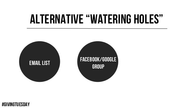 #GIVINGTUESDAY
ALTERNATIVE “WATERING HOLES”
EMAIL LIST
FACEBOOK/GOOGLE
GROUP
 