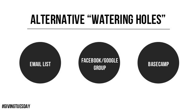 #GIVINGTUESDAY
ALTERNATIVE “WATERING HOLES”
EMAIL LIST
FACEBOOK/GOOGLE
GROUP
bASECAMP
 