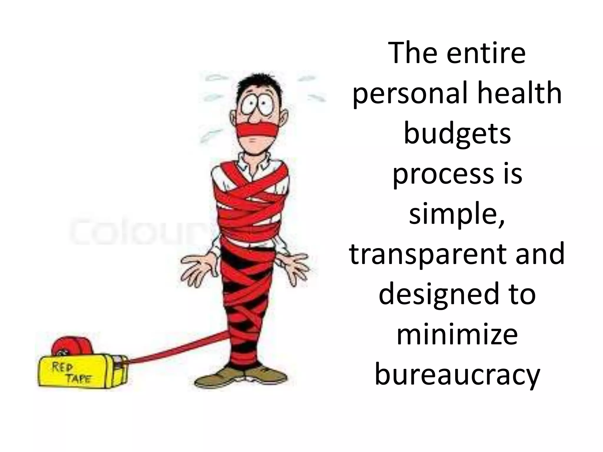 The entire
personal health
budgets
process is
simple,
transparent and
designed to
minimize
bureaucracy

 