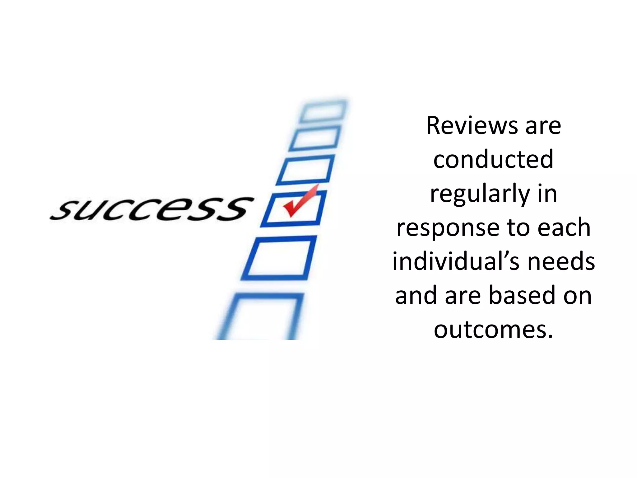 Reviews are
conducted
regularly in
response to each
individual’s needs
and are based on
outcomes.

 