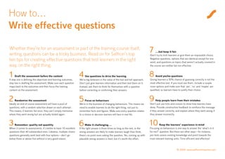 How to…
Write effective questions

Whether they’re for an assessment or part of the training course itself,
writing questions can be a tricky business. Read on for Saffron’s top
                                                                                                                                   7    …but keep it fair
                                                                                                                                   Don’t try to trick learners or give them an impossible choice.
ten tips for creating effective questions that test learners in the right                                                          Negative questions, options that are identical except for one
                                                                                                                                   word, and questions on topics that weren’t actually covered in
way, on the right thing.                                                                                                           the course are neither fair nor effective.



1     Draft the assessment before the content
If step one is defining the objectives and learning outcomes,
                                                                 4    Use questions to drive the learning
                                                                 We’re big believers in the value of the test and tell approach.
                                                                                                                                   8    Avoid yes/no questions
                                                                                                                                   Giving learners a 50% chance of guessing correctly is not the
step two is drafting the assessment. Make sure each question     Don’t just give learners information and then test them on it.    most effective test. If you must use them, include a couple
maps back to the outcomes and then focus the training            Instead, ask them to think for themselves with a question         more options and make sure that ‘yes’, ‘no’ and ‘maybe’ are
content on the assessment.                                       before correcting or confirming their answers.                    qualified, so learners have to justify their choice.


2    Randomise the assessment
Ideally an end of course assessment will have a pool of
                                                                 5     Focus on behaviours
                                                                 We’re in the business of changing behaviours. This means we
                                                                                                                                   9     Help people learn from their mistakes
                                                                                                                                   Don’t just use ticks and crosses to show how learners have
questions, with a random selection drawn on each attempt.        need to enable learners to do the right thing, not just to        done. Provide constructive feedback to reinforce the message
This means, if learners fail once, they can’t simply memorise    remember facts and figures. Make sure every question relates      if they answer correctly, and explain where they went wrong if
where they went wrong but are actually tested again.             to a choice or decision learners will face in real life.          they answer incorrectly.


3   Remember: quality not quantity
When it comes to assessments, it’s better to have 10 excellent
                                                                 6     Make it challenging…
                                                                 If the right answer is three times as long as the rest, or the
                                                                                                                                   10       Keep the learners’ experience in mind
                                                                                                                                   Focusing on behaviours is one way to answer the ‘what’s in it
questions than 40 substandard ones. Likewise, multiple choice    wrong answers are likely to make learners laugh than think,       for me?’ question. But there are other ways – for instance,
questions generally work best with four options – don’t go       there’s no point even asking the question. Yes, coming up with    pre-tests assess existing knowledge and point towards the
below three or above five without a very good reason.            plausible wrong answers is hard, but it’s worth the effort.       most relevant training units. Time efficient and effective!



                                                                                                                                                            © 2009 www.saffroninteractive.com
 