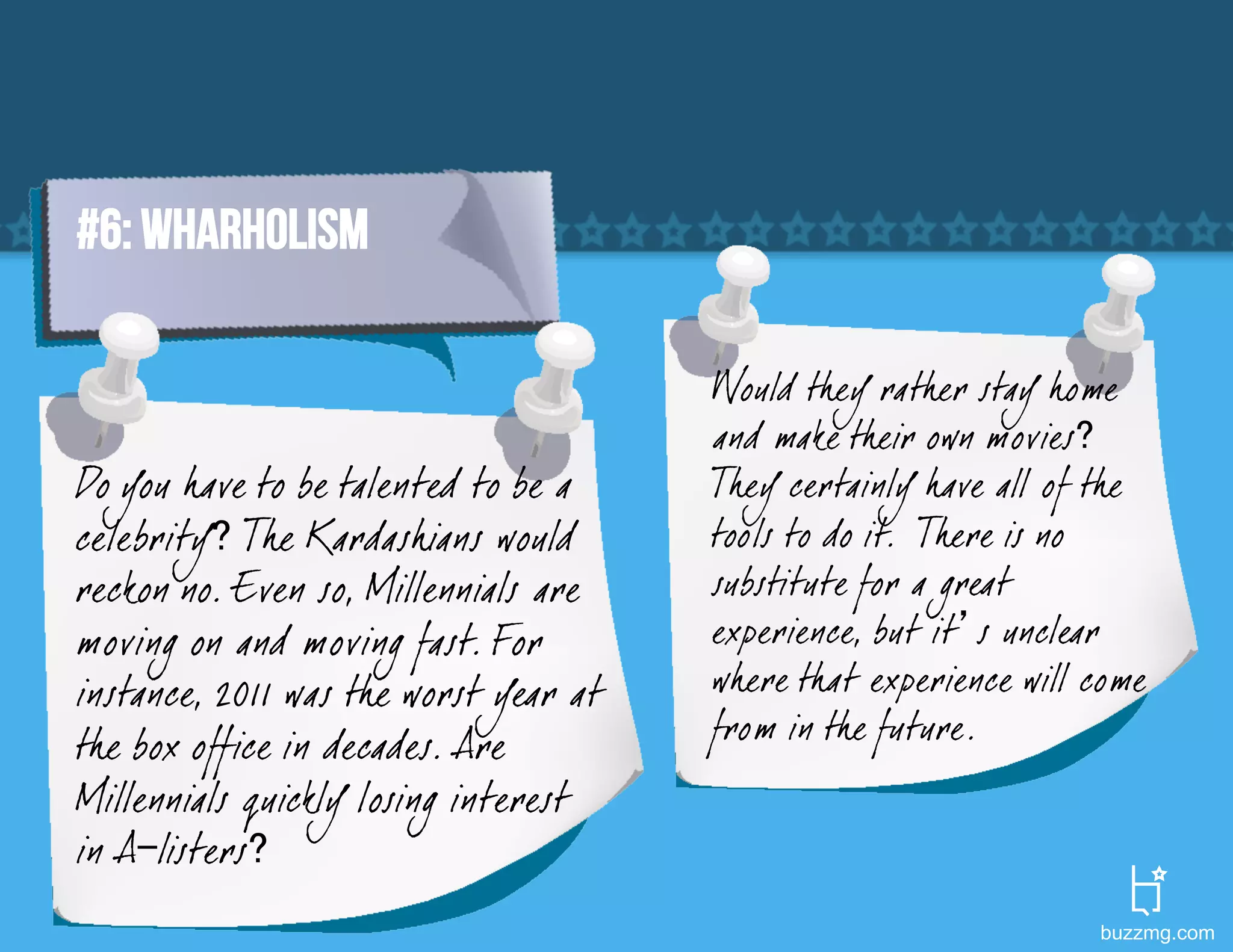 #6: WHARHOLISM

                                       Would they rather stay home
                                       and make their own movies?
Do you have to be talented to be a     They certainly have all of the
celebrity? The Kardashians would       tools to do it. There is no
reckon no. Even so, Millennials are    substitute for a great
moving on and moving fast. For         experience, but it’s unclear
instance, 2011 was the worst year at   where that experience will come
the box office in decades. Are         from in the future.
Millennials quickly losing interest
in A-listers?
                                                                  buzzmg.com
 
