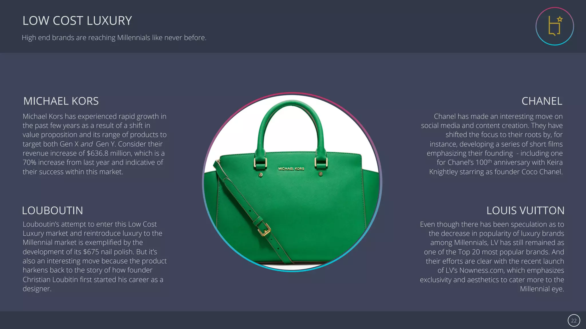 Se7en - Creative Powerpoint Template 22
LOW COST LUXURY
High end brands are reaching Millennials like never before.
MICHAEL KORS
Michael Kors has experienced rapid growth in
the past few years as a result of a shift in
value proposition and its range of products to
target both Gen X and Gen Y. Consider their
revenue increase of $636.8 million, which is a
70% increase from last year and indicative of
their success within this market.
ABOUT US
LOUBOUTIN
Louboutin’s attempt to enter this Low Cost
Luxury market and reintroduce luxury to the
Millennial market is exempliﬁed by the
development of its $50 nail polish. But it’s
also an interesting move because the product
harkens back to the story of how founder
Christian Loubitin ﬁrst started his career as a
designer.
CHANEL
Chanel has made an interesting move on
social media and content creation. They have
shifted the focus to their roots by, for
instance, developing a series of short ﬁlms
emphasizing their founding - including one
for Chanel’s 100th anniversary with Keira
Knightley starring as founder Coco Chanel.
LOUIS VUITTON
Even though there has been speculation as to
the decrease in popularity of luxury brands
among Millennials, LV has still remained as
one of the Top 20 most popular brands. And
their eﬀorts are clear with the recent launch
of LV’s Nowness.com, which emphasizes
exclusivity and aesthetics to cater more to the
Millennial eye.
 