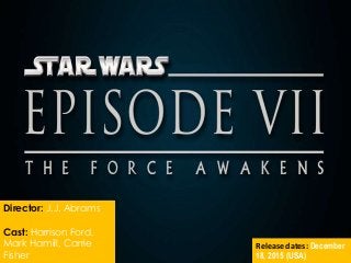 Director: J.J. Abrams
Cast: Harrison Ford,
Mark Hamill, Carrie
Fisher
Release dates: December
18, 2015 (USA)
 