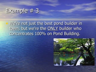 Example # 3 We’re not just the best pond builder in town, but we’re the  ONLY  builder who concentrates 100% on Pond Building. 