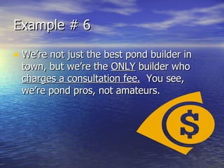 Example # 6 We’re not just the best pond builder in town, but we’re the  ONLY  builder who  charges a consultation fee.   You see, we’re pond pros, not amateurs. 
