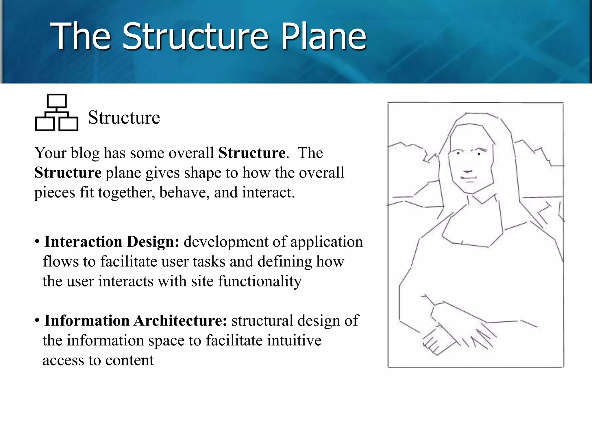 The Structure Plane 
Structure 
Your blog has some overall Structure. The 
Structure plane gives shape to how the overall 
pieces fit together, behave, and interact. 
• Interaction Design: development of application 
flows to facilitate user tasks and defining how 
the user interacts with site functionality 
• Information Architecture: structural design of 
the information space to facilitate intuitive 
access to content 
 