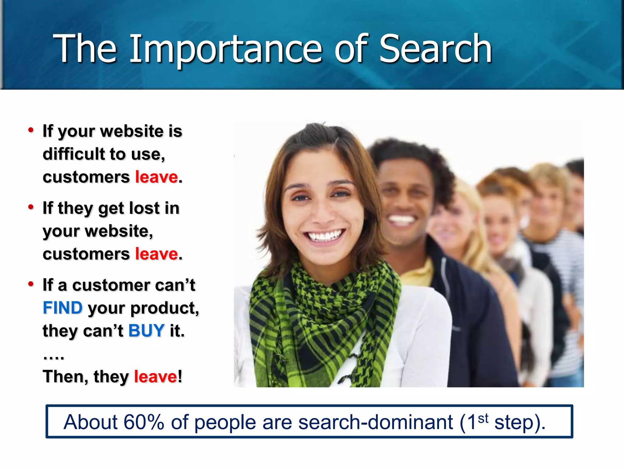 The Importance of Search 
• If your website is 
difficult to use, 
customers leave. 
• If they get lost in 
your website, 
customers leave. 
• If a customer can’t 
FIND your product, 
they can’t BUY it. 
…. 
Then, they leave! 
About 60% of people are search-dominant (1st step). 
 