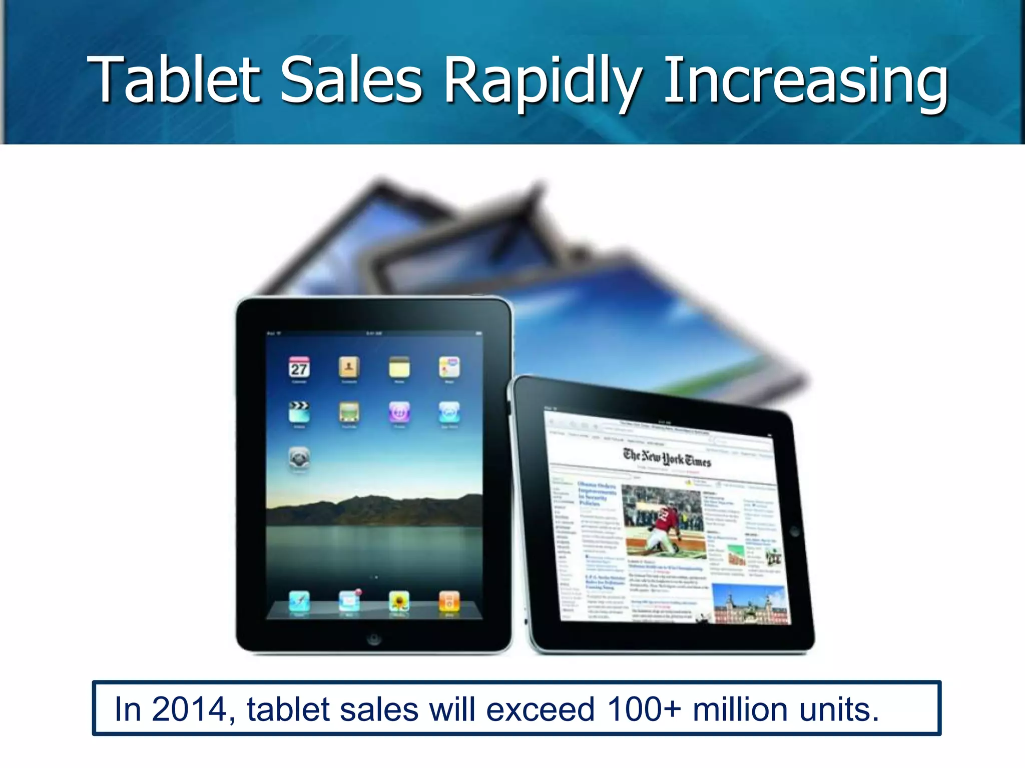 Tablet Sales Rapidly Increasing 
In 2014, tablet sales will exceed 100+ million units. 
 