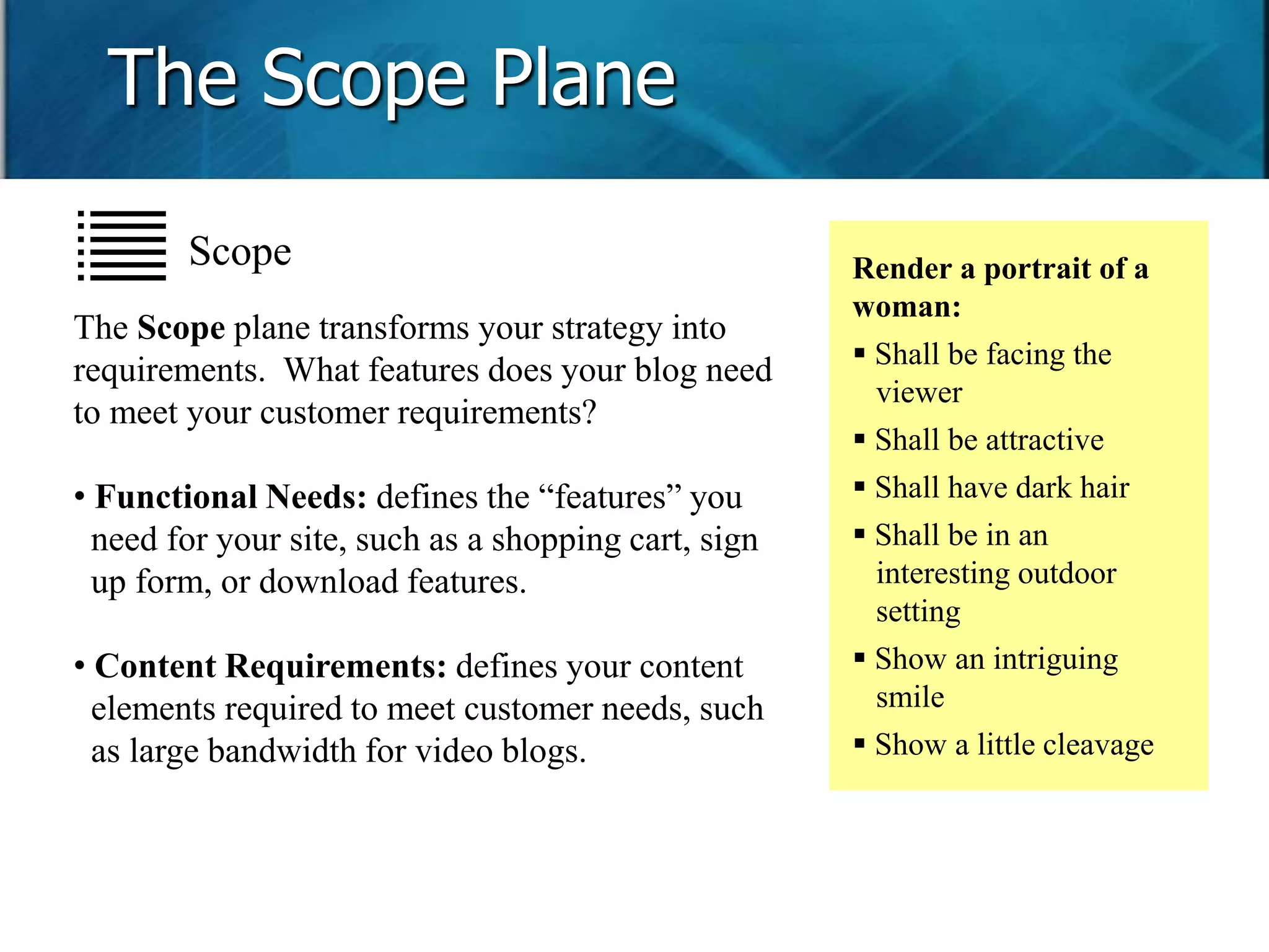 The Scope Plane 
The Scope plane transforms your strategy into 
requirements. What features does your blog need 
to meet your customer requirements? 
• Functional Needs: defines the “features” you 
need for your site, such as a shopping cart, sign 
up form, or download features. 
• Content Requirements: defines your content 
elements required to meet customer needs, such 
as large bandwidth for video blogs. 
Render a portrait of a 
woman: 
 Shall be facing the 
viewer 
 Shall be attractive 
 Shall have dark hair 
 Shall be in an 
interesting outdoor 
setting 
 Show an intriguing 
smile 
 Show a little cleavage 
Scope 
 