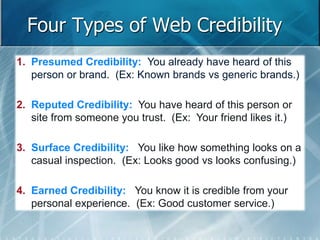 Four Types of Web Credibility 
1. Presumed Credibility: You already have heard of this 
person or brand. (Ex: Known brands vs generic brands.) 
2. Reputed Credibility: You have heard of this person or 
site from someone you trust. (Ex: Your friend likes it.) 
3. Surface Credibility: You like how something looks on a 
casual inspection. (Ex: Looks good vs looks confusing.) 
4. Earned Credibility: You know it is credible from your 
personal experience. (Ex: Good customer service.) 
 