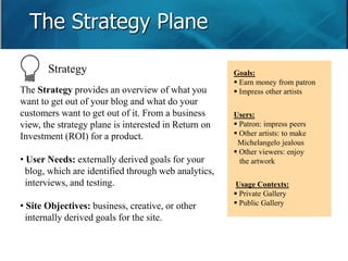 The Strategy Plane 
The Strategy provides an overview of what you 
want to get out of your blog and what do your 
customers want to get out of it. From a business 
view, the strategy plane is interested in Return on 
Investment (ROI) for a product. 
• User Needs: externally derived goals for your 
blog, which are identified through web analytics, 
interviews, and testing. 
• Site Objectives: business, creative, or other 
internally derived goals for the site. 
Goals: 
 Earn money from patron 
 Impress other artists 
Users: 
 Patron: impress peers 
 Other artists: to make 
Michelangelo jealous 
 Other viewers: enjoy 
the artwork 
Usage Contexts: 
 Private Gallery 
 Public Gallery 
Strategy 
 