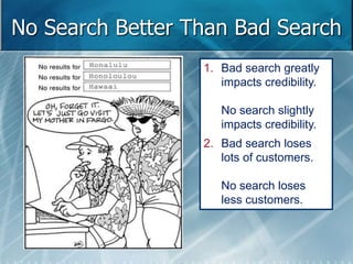 No Search Better Than Bad Search 
1. Bad search greatly 
impacts credibility. 
No search slightly 
impacts credibility. 
2. Bad search loses 
lots of customers. 
No search loses 
less customers. 
 