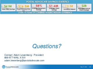 May 21, 2020 23
Contact: Adam Lewenberg - President
888-977-MAIL X 501
adam.lewenberg@postaladvocate.com
Questions?
 