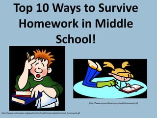 Top 10 Ways to Survive
Homework in Middle
School!
http://www.mohonasen.org/pw/teacher/kkelts/mytemplates/school_homework.gif
http://www.somerslibrary.org/media/homework.gif
 