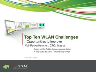 The key challenges with WLAN technology
Top Ten WLAN Challenges
Opportunities to Improve
Veli-Pekka Ketonen, CTO, 7signal
! Based on Veli-Pekka Ketonen’s presentation
! in May 2013 IEEE802.11HEW Study Group
Date: 2013-06-20
 