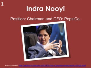 1

Indra Nooyi
Position: Chairman and CFO: PepsiCo.

For more detail: http://explore10.blogspot.in/2014/01/top-10-women-en...