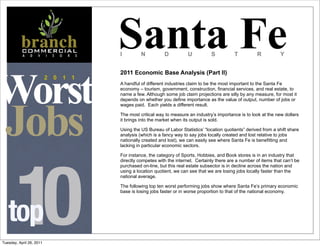Santa Fe
                                        I         N          D           U          S           T          R          Y




Worst
                                        2011 Economic Base Analysis (Part II)
                          2   0   1 1
                                        A handful of different industries claim to be the most important to the Santa Fe
                                        economy – tourism, government, construction, financial services, and real estate, to
                                        name a few. Although some job claim projections are silly by any measure, for most it




 Jobs
                                        depends on whether you define importance as the value of output, number of jobs or
                                        wages paid. Each yields a different result.

                                        The most critical way to measure an industry’s importance is to look at the new dollars
                                        it brings into the market when its output is sold.

                                        Using the US Bureau of Labor Statistics’ “location quotients” derived from a shift share
                                        analysis (which is a fancy way to say jobs locally created and lost relative to jobs
                                        nationally created and lost), we can easily see where Santa Fe is benefitting and
                                        lacking in particular economic sectors.




        10
                                        For instance, the category of Sports, Hobbies, and Book stores is in an industry that
                                        directly competes with the internet. Certainly there are a number of items that can’t be
                                        purchased on-line, but this real estate subsector is in decline across the nation and



                10.
                                        using a location quotient, we can see that we are losing jobs locally faster than the
                                        national average.

                                        The following top ten worst performing jobs show where Santa Fe’s primary economic
                                        base is losing jobs faster or in worse proportion to that of the national economy.




   top
Tuesday, April 26, 2011
 