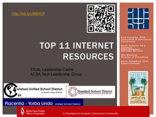 http://bit.ly/vBBXUf




                                        Lisa Gonzales, Ed.D.
                                        Curriculum & Instruction
                                        Coordinator

                 TOP 11 INTERNET        Devin Vodicka, Ed.D.
                                        Assistant
                                        Superintendent,
                                        Business Services


                      RESOURCES         Bob Blackney
                                        Director of Everything
                                        Kevin Silberberg Ed.D
                                        Superintendent


           TICAL Leadership Cadre
           ACSA Tech Leadership Group
 