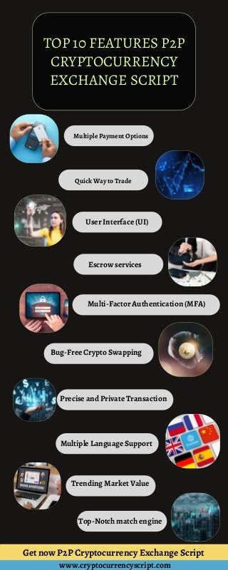 TOP 10 FEATURES P2P
CRYPTOCURRENCY
EXCHANGE SCRIPT
Multiple Payment Options
Quick Way to Trade
User Interface (UI)
Escrow services
Multi-Factor Authentication (MFA)


Bug-Free Crypto Swapping
Precise and Private Transaction
Multiple Language Support
Trending Market Value
Top-Notch match engine
Get now P2P Cryptocurrency Exchange Script
www.cryptocurrencyscript.com
 