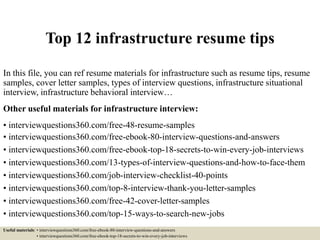 Top 12 infrastructure resume tips
In this file, you can ref resume materials for infrastructure such as resume tips, resume
samples, cover letter samples, types of interview questions, infrastructure situational
interview, infrastructure behavioral interview…
Other useful materials for infrastructure interview:
• interviewquestions360.com/free-48-resume-samples
• interviewquestions360.com/free-ebook-80-interview-questions-and-answers
• interviewquestions360.com/free-ebook-top-18-secrets-to-win-every-job-interviews
• interviewquestions360.com/13-types-of-interview-questions-and-how-to-face-them
• interviewquestions360.com/job-interview-checklist-40-points
• interviewquestions360.com/top-8-interview-thank-you-letter-samples
• interviewquestions360.com/free-42-cover-letter-samples
• interviewquestions360.com/top-15-ways-to-search-new-jobs
Useful materials: • interviewquestions360.com/free-ebook-80-interview-questions-and-answers
• interviewquestions360.com/free-ebook-top-18-secrets-to-win-every-job-interviews
 
