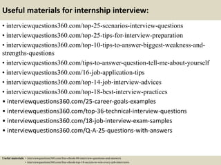 Useful materials for internship interview:
• interviewquestions360.com/top-25-scenarios-interview-questions
• interviewquestions360.com/top-25-tips-for-interview-preparation
• interviewquestions360.com/top-10-tips-to-answer-biggest-weakness-and-
strengths-questions
• interviewquestions360.com/tips-to-answer-question-tell-me-about-yourself
• interviewquestions360.com/16-job-application-tips
• interviewquestions360.com/top-14-job-interview-advices
• interviewquestions360.com/top-18-best-interview-practices
• interviewquestions360.com/25-career-goals-examples
• interviewquestions360.com/top-36-technical-interview-questions
• interviewquestions360.com/18-job-interview-exam-samples
• interviewquestions360.com/Q-A-25-questions-with-answers
Useful materials: • interviewquestions360.com/free-ebook-80-interview-questions-and-answers
• interviewquestions360.com/free-ebook-top-18-secrets-to-win-every-job-interviews
 
