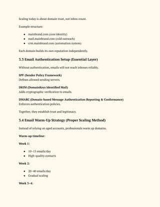 Scaling today is about domain trust, not inbox count.
Example structure:
●​ mainbrand.com (core identity)
●​ mail.mainbrand.com (cold outreach)
●​ crm.mainbrand.com (automation system)
Each domain builds its own reputation independently.
3.3 Email Authentication Setup (Essential Layer)
Without authentication, emails will not reach inboxes reliably.
SPF (Sender Policy Framework)​
Defines allowed sending servers.
DKIM (DomainKeys Identified Mail)​
Adds cryptographic verification to emails.
DMARC (Domain-based Message Authentication Reporting & Conformance)​
Enforces authentication policies.
Together, they establish trust and legitimacy.
3.4 Email Warm-Up Strategy (Proper Scaling Method)
Instead of relying on aged accounts, professionals warm up domains.
Warm-up timeline:
Week 1:
●​ 10–15 emails/day
●​ High-quality contacts
Week 2:
●​ 20–40 emails/day
●​ Gradual scaling
Week 3–4:
 