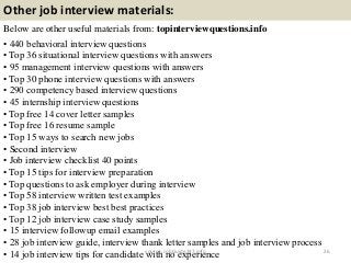 Other job interview materials:
Below are other useful materials from: topinterviewquestions.info
• 440 behavioral interview questions
• Top 36 situational interview questions with answers
• 95 management interview questions with answers
• Top 30 phone interview questions with answers
• 290 competency based interview questions
• 45 internship interview questions
• Top free 14 cover letter samples
• Top free 16 resume sample
• Top 15 ways to search new jobs
• Second interview
• Job interview checklist 40 points
• Top 15 tips for interview preparation
• Top questions to ask employer during interview
• Top 58 interview written test examples
• Top 38 job interview best best practices
• Top 12 job interview case study samples
• 15 interview followup email examples
• 28 job interview guide, interview thank letter samples and job interview process
• 14 job interview tips for candidate with no experience 26source: JobGuide247.info
 