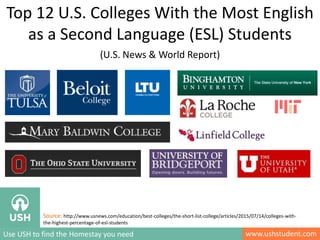 www.ushstudent.comUse USH to find the Homestay you need
Top 12 U.S. Colleges With the Most English
as a Second Language (ESL) Students
Source: http://www.usnews.com/education/best-colleges/the-short-list-college/articles/2015/07/14/colleges-with-
the-highest-percentage-of-esl-students
(U.S. News & World Report)
 