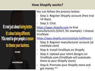 How Shopify works?
You can follow the process below:
- Step 1: Register Shopify account (free trial
14 days).
- Step 2: Cl...