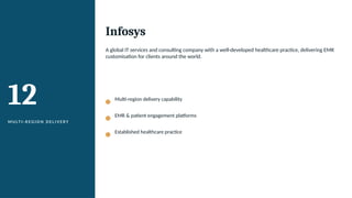 12
M U LT I - R E G I O N D E L I V E RY
Infosys
A global IT services and consulting company with a well-developed healthcare practice, delivering EMR
customisation for clients around the world.
Multi-region delivery capability
EMR & patient engagement platforms
Established healthcare practice
 