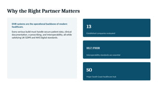 Why the Right Partner Matters
EMR systems are the operational backbone of modern
healthcare.
Every serious build must handle secure patient data, clinical
documentation, e-prescribing, and interoperability, all while
satisfying UK GDPR and NHS Digital standards.
13
Established companies evaluated
HL7/FHIR
Interoperability standards are essential
SO
Major South Coast healthcare hub
 
